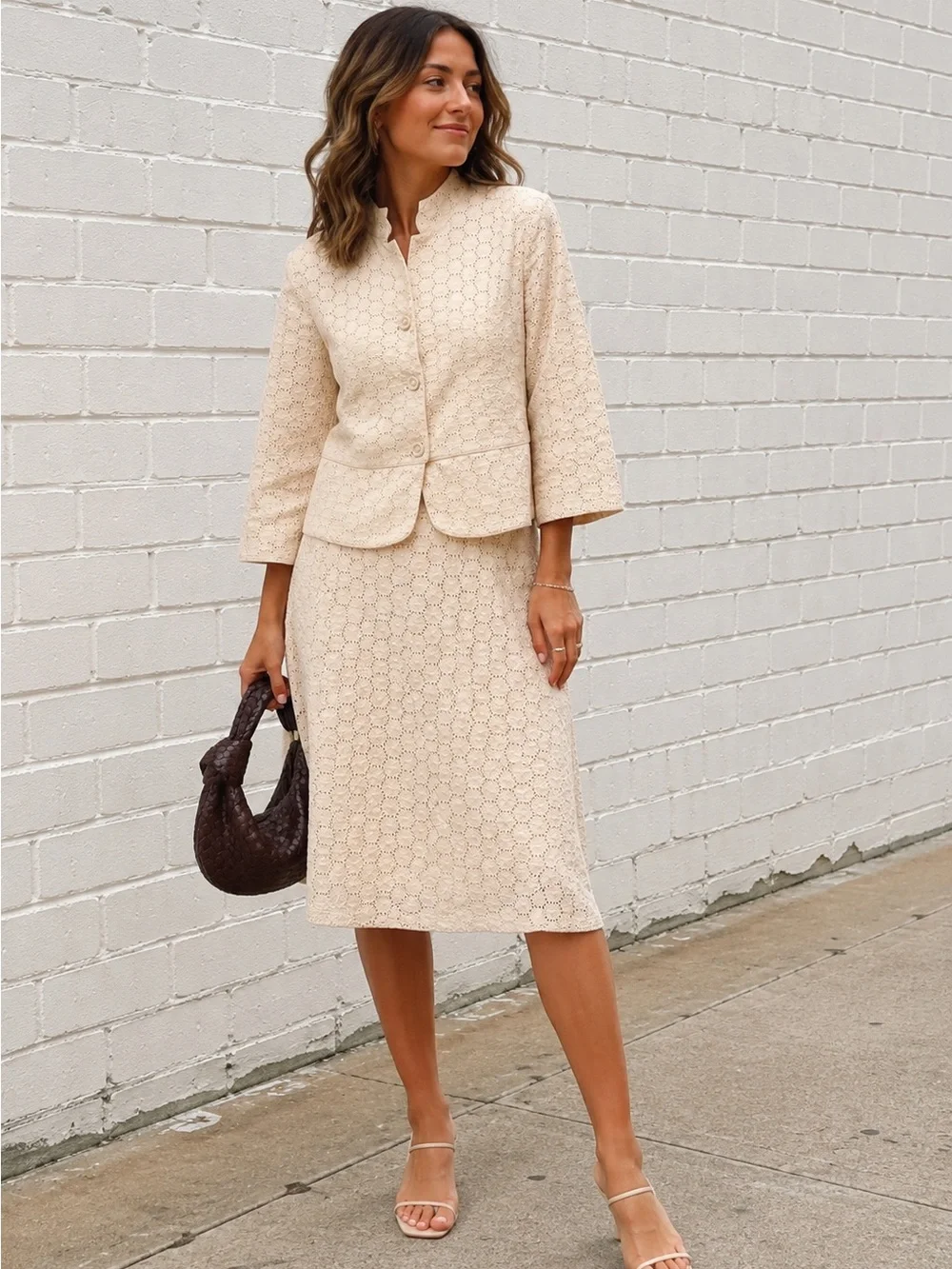 Willi Smith Cream Lace Midi Skirt and Jacket Set